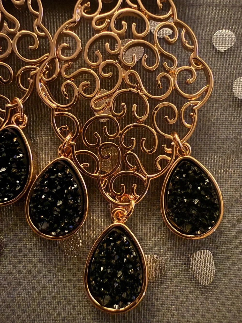 Lane Bryant Gold Filigree Chandelier Earrings with Black Teardrops